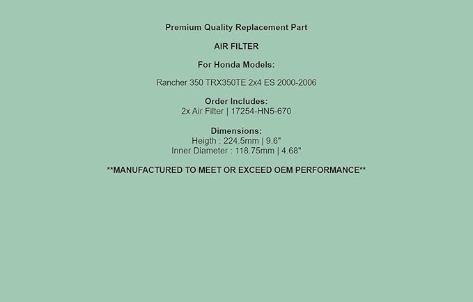 Replacement Air Filter Cleaner For Honda Rancher 350 TRX350TE 2x4 ES 2000-2006 / 2x