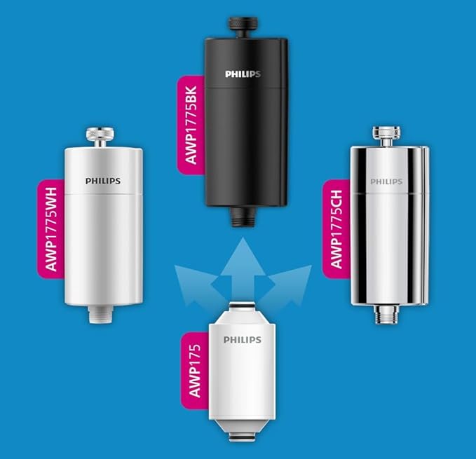 Philips Water in-Line Shower Filter, 50 000 L Filtration Capacity, Black, Reduces Chlorine by up to 99%, Easy to Install, fits All Standard Hoses and taps