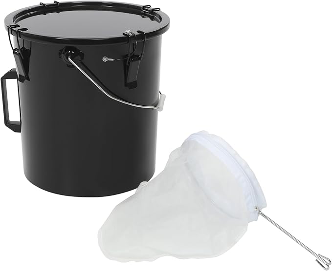 Deep Fryer Oil Storage Container with Filter,6 Gallon Bucket with Lid, Strainer Bag and Handle, Carbon Steel Oil Grease Disposal Container for Deep Fryer Oil Filtering/Storage - Black