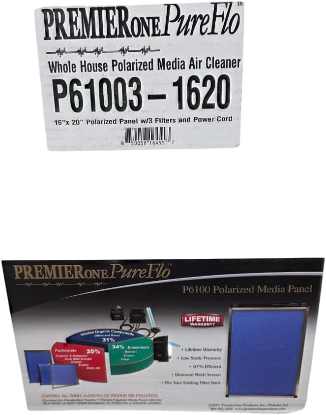 PremierOne Electronic Air Cleaner 16x20 with Filters pads and standard low-voltage (24V) wiring harness for quick installation and 3 replacement filters