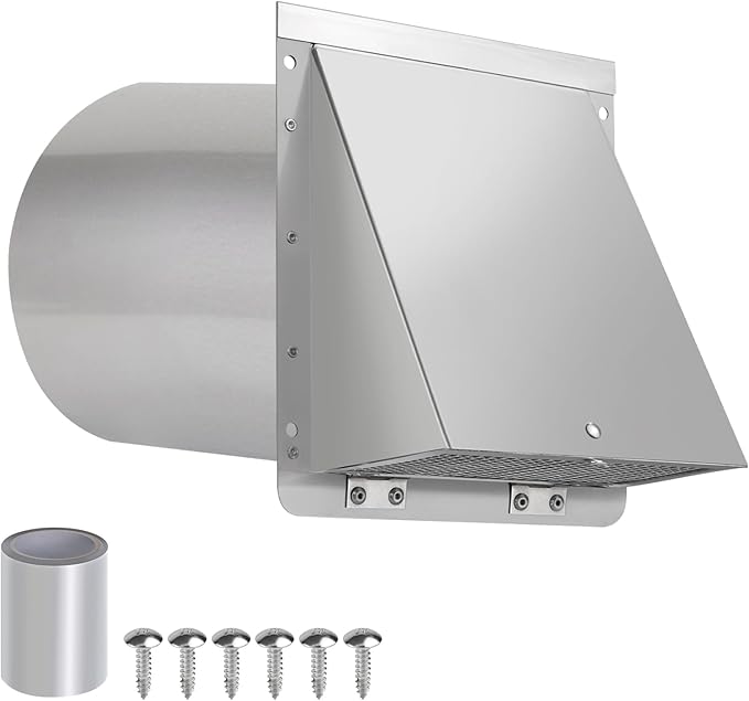 8 Inch Wall Vent,Hooded Wall Vent with Screen and Damper,Outdoor Wall Exhaust Vent Cover Exterior Wall Mount Cap for Kitchen Range Hood HVAC Duct Dryer Air Ventilation,Stainless Steel