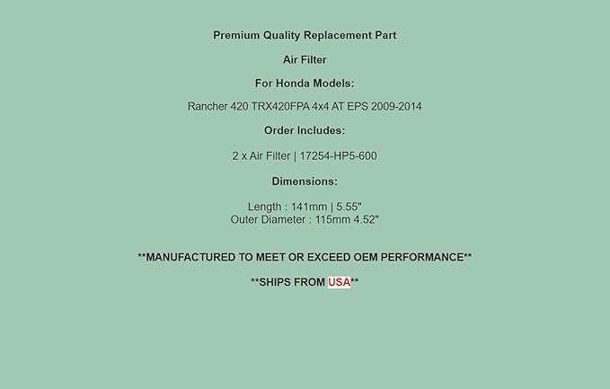 Replacement Air Filter Element Cleaner For Honda Rancher 420 TRX420FPA 4x4 AT EPS 09-14 2QTY