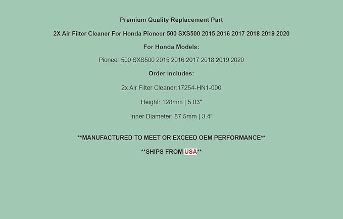 Replacement Air Filter Cleaner For Honda 500 SXS500 2015-2020