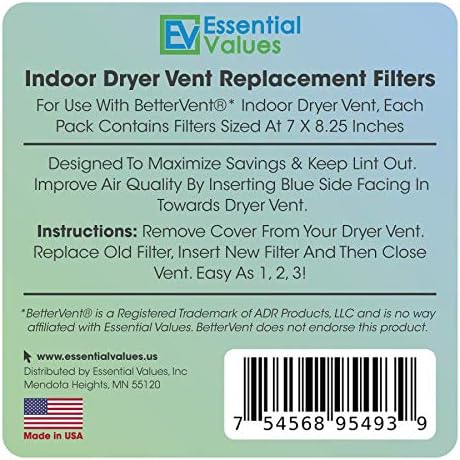 Essential Values 18 Pack Compatible Replacement Filters (90 Dryer Loads Total) Compatible with Bettervent Indoor Dryer Vent