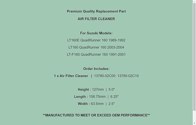 Generic Replacement 13780-02C00 Air Filter Cleaner For Suzuki LT-F160 QuadRunner 160 1989-2004