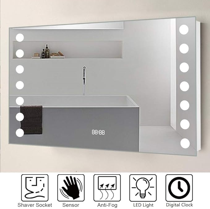 80x60cm LED Bathroom Mirror with Lights Bathroom Mirror with Demister Pad Shaver Socket for Makeup Cosmetic Shaving Wall Mounted…