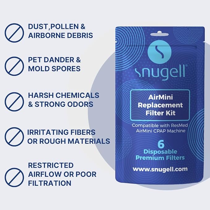 Snugell AirMini CPAP Filters – 6-Pack – Compatible with ResMed AirMini Travel Machines – Ideal for Travel & Home Use – Ensures Enhanced Air Filtration, Easy Installation, and Cleaner Breathing Air