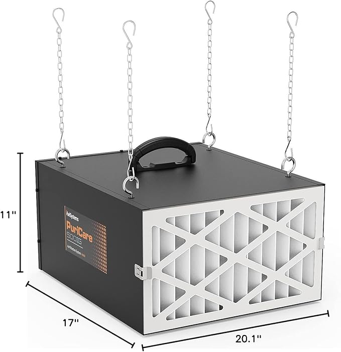 PURISYSTEMS Air Filtration System 3-Speed Remote, Built-in Ionizer, PuriCare 500IG Hanging Air Filter w/RF Remote for Woodworking, Garage and Shop Dust Collector, up to 500 sq. ft (350/450/500 CFM)