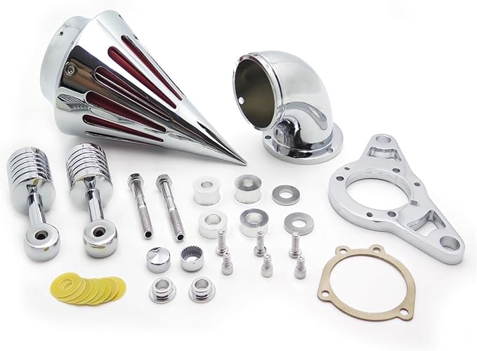 Cone Spike Air Cleaner Intake with Red Filter for Dyna Wide Glide 1999-2007 Road King 1999-2007 Fat Boy 2000-2007 Chrome