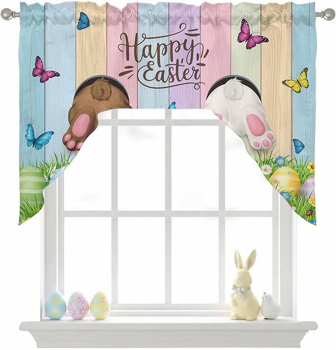 Swag Valance Curtains, Happy Easter Rabbit Butt Egg on Daisy Leaf Rod Pocket Valances Swag Topper for Kitchen Windows, Bufferfly on Wood Barn Light Filtering Short Curtain for Bedroom Bathroom 56x36In