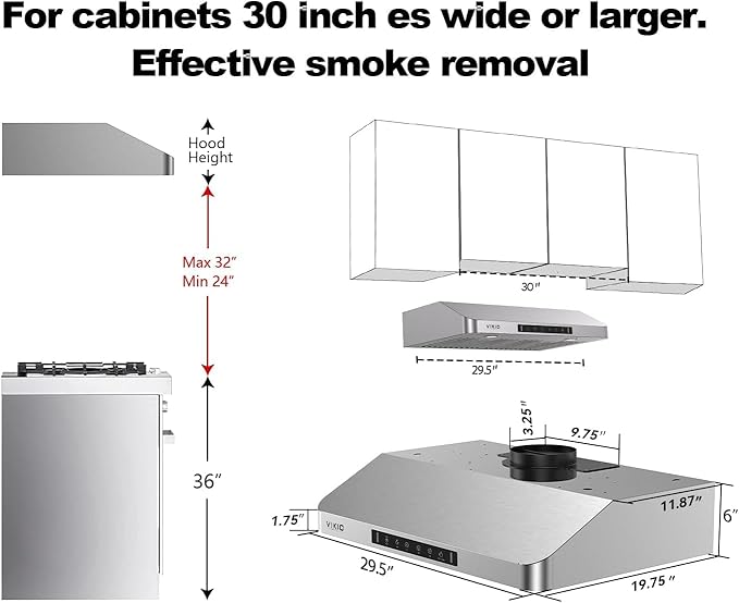30 Inch Under Cabinet Range Hood, 980CFM Fast Venting Ducted, Kitchen Hood With 3 Speed Gesture Sensing & Touch Control, Stainless Steel Stove Hood With LED Light And 2 Baffle Filters