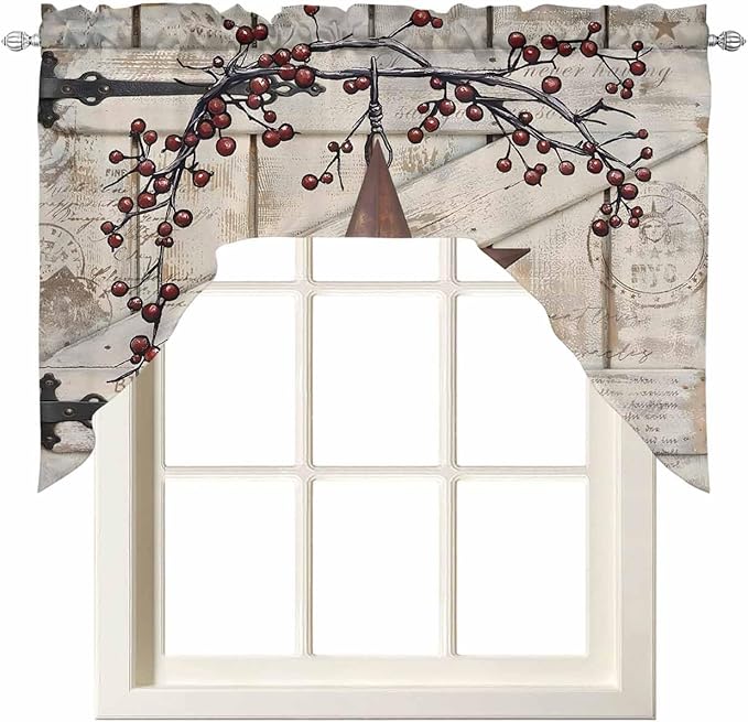 Village Stars Swag Kitchen Curtains Valance and Tier Set, Vintage Rust Yellow Star Berry Beige Barn Doors Light-Filtering Swag Valance, Rod Pocket Short Curtain for Bedroom Cafe, 56x36 inches
