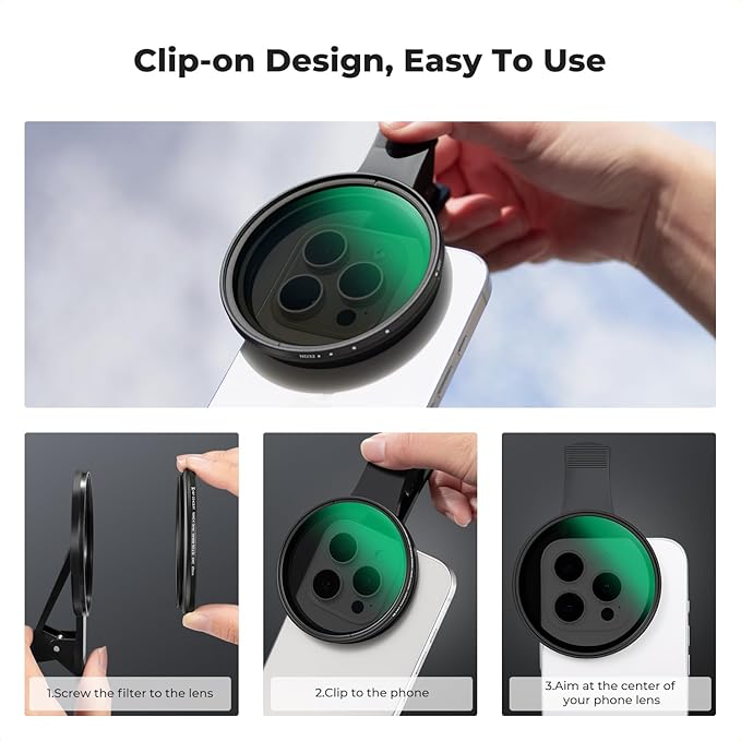 K&F CONCEPT 67mm Clip-on ND2-32 Phone Camera Lens Filter Kit, Multi-Coated Variable Neutral Density Light Reduction Filter Compatible with iPhone 16 15 14 13 12 11 and Other Smart Phone