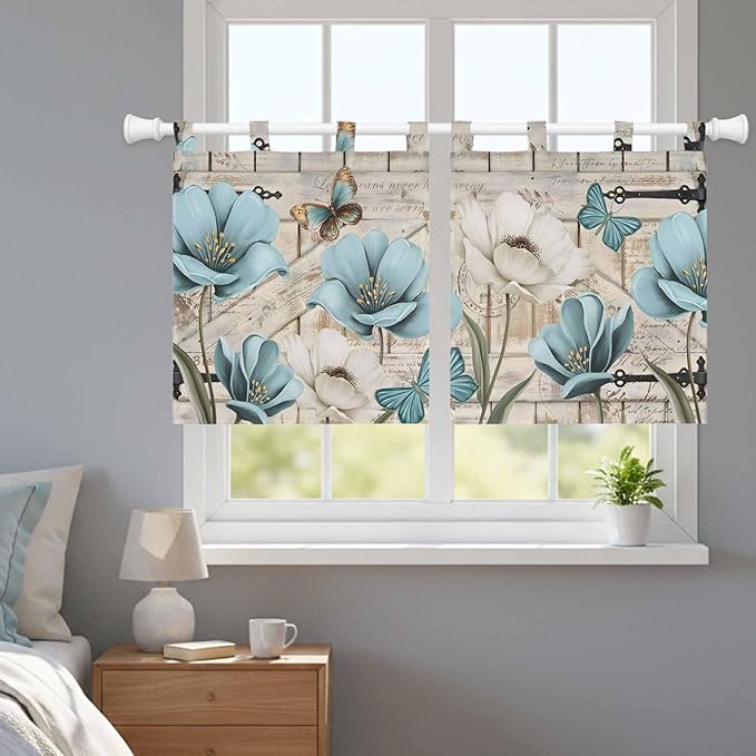 Teal Blue Tulips Kitchen Curtains 36 Inch Length, Small Window Curtains Tab Top, Spring Floral Barn Doors Vintage Wood Beige Light Filtering Short Window Treatments Tier Drapes 27.5"x36" 2 Panel