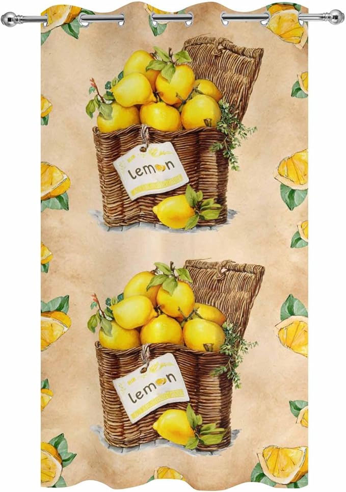 Lemon Outdoor Curtains for Patio Lemons in Baskets Summer Tropical Plant Brown Waterproof Outside Curtains with Grommet Top Weatherproof Curtain for Cabana Pergola Gazebo, 1 Panel, 54" W x 84" L