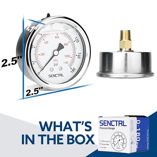SENCTRL 0-160 Psi Glycerin Liquid Filled Air Pressure Gauge, 2.5" Dial Size, 1/4" NPT Back Mount, Stainless Steel Case, for Water Pump, Tire, Large Air Compressor, Well, RV Regulator Pressure Test