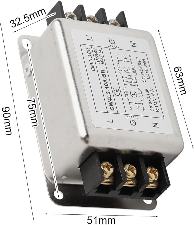 Single-Phase Two-Stage Power Supply Filter for Industrial Equipment — Conducted Noise Suppressor, Compact Chassis Mount, Alloy Housing, 250V, 3A/6A/10A/20A(10A)