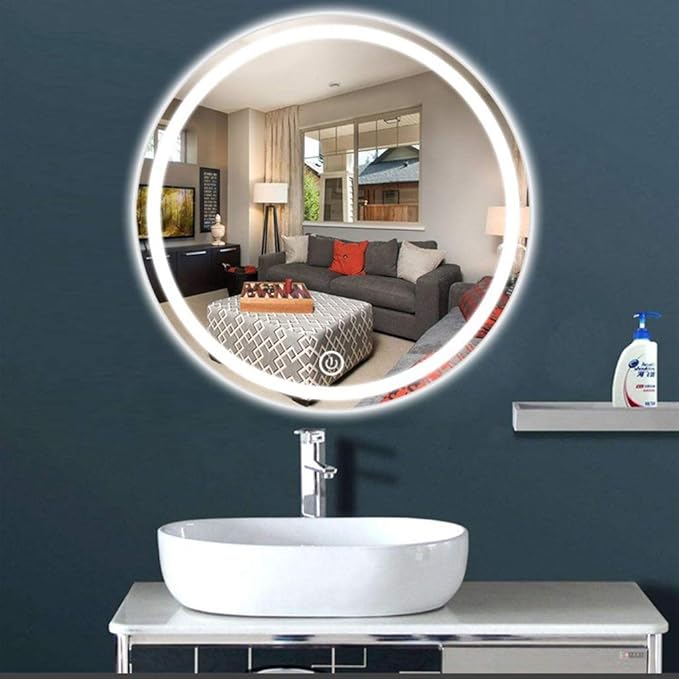 Round Waterproof LED Bathroom Wall Makeup Mirrors with White Light Sensor Touch Control and Demister Pad (Color : with Frame Size : 70cm) (Without Frame 70cm)
