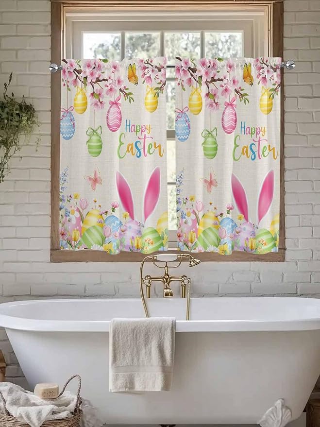 Happy Easter Kitchen Curtains 45 Inches length, Spring Farmhouse Bunny Eggs Flower Beige Window Treatment Curtain Drapes, Lightweight Window Panels for Living Room Bedroom, 52"x45", 2 Panels