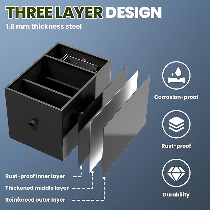 Stainless Steel Interceptor, 30 LBS Grease Trap, 23.6" × 15.7" × 18" Grease Interceptor for Kitchens, Coffee Shops, and Food Processing Plants That Produce Oily Wastewater