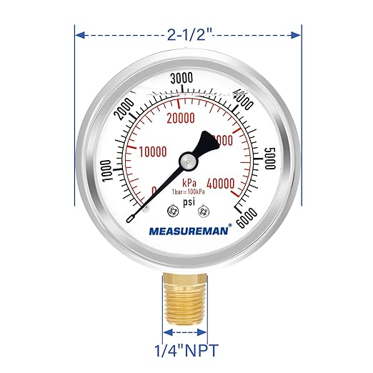 MEASUREMAN 2-1/2" Dial Size, Glycerin Filled Pressure Gauge, 0-6000psi/kpa, 304 Stainless Steel Case, 1/4" NPT Lower Mount