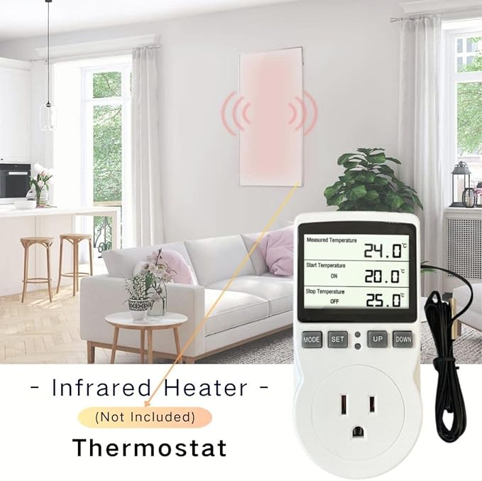 Plug in Thermostat Temperature Controller Electric Digital Thermostat Heating Cooling Mode Timer White
