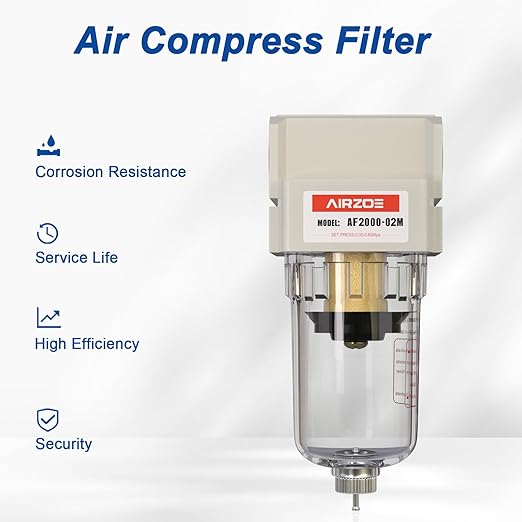 AIRZOE 1/4" NPT Air Dryer for Compressor - Air Compressor Water Separator AF2000-02, Manual Drain,5 Micron Brass Element, Poly Bowl