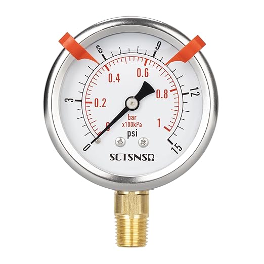 0 to 15 Psi Pressure Gauge, Glycerin Liquid Filled, 2.5 inch Dial, 1/4" NPT Lower Mount, Stainless Steel Case, for ATV Tire, HVAC Pipe, Well Tank, Fuel, Coolant, Nitrogen, Low Pressure Test