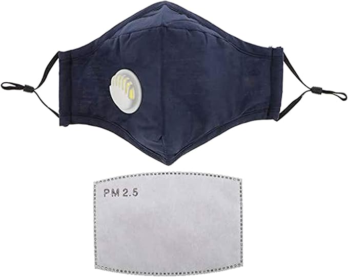ASA TECHMED Reusable Dual Air Breathing Valve Face Mask Cover with Activated Carbon Filter (Navy with valve)