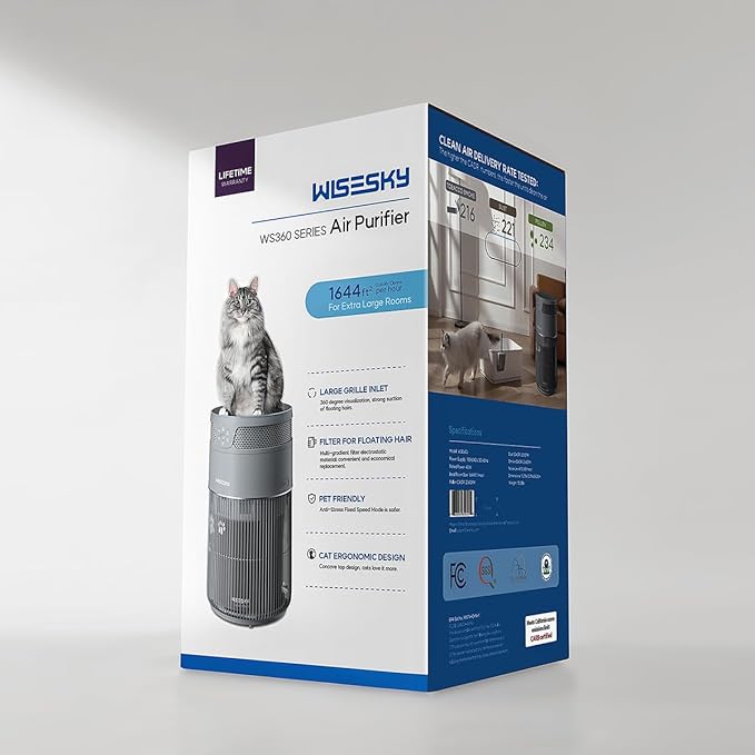 WiseSky Pet Air Purifier for Cat Owners, High-Efficiency Air Purifier for Cat Hair Dander Smoke Litter Odor in Large 1644 Sq Ft Room, 360ยฐ HEPA Filtration, Smart App, Quiet Pet-Friendly Design, Grey