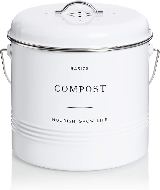 D'Lifeful Kitchen Compost Bin – 1.3 Gallon Countertop Farmhouse Compost Container with Lid – Odorless Indoor Food Scrap Pail with 6 Charcoal Filters – Eco-Conscious and Easy to Clean - White