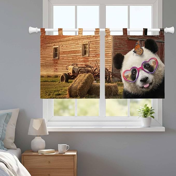 Farm Panda Kitchen Curtains 24 Inch Length, Small Window Curtains Tab Top, Farmhouse Barn Funny Animals Butterfly Light Filtering Short Window Treatments Tier Drapes 27.5"x24" 2 Panel