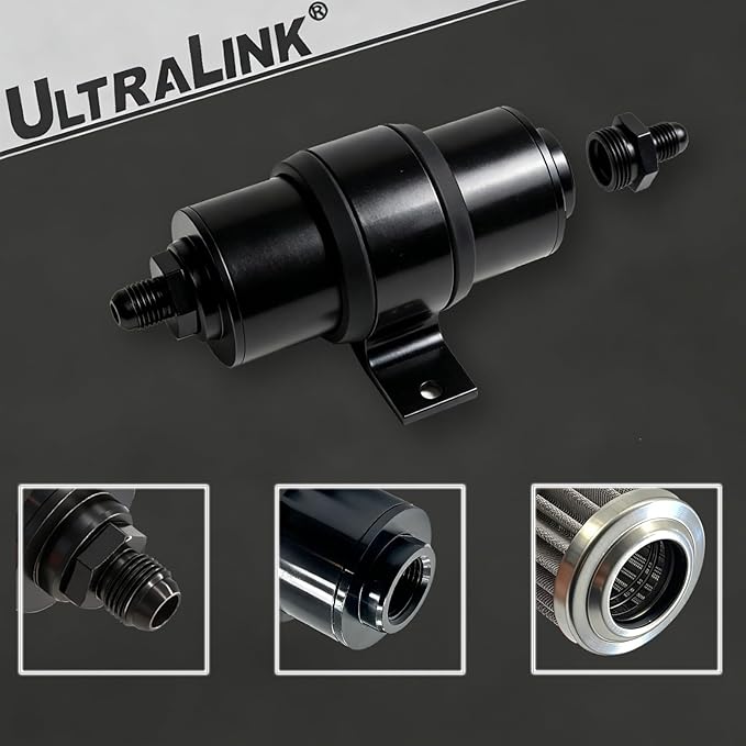 10 micron inline fuel filter with 6AN 8AN 10AN Adapter and Bracket Clip 50MM Black Universal