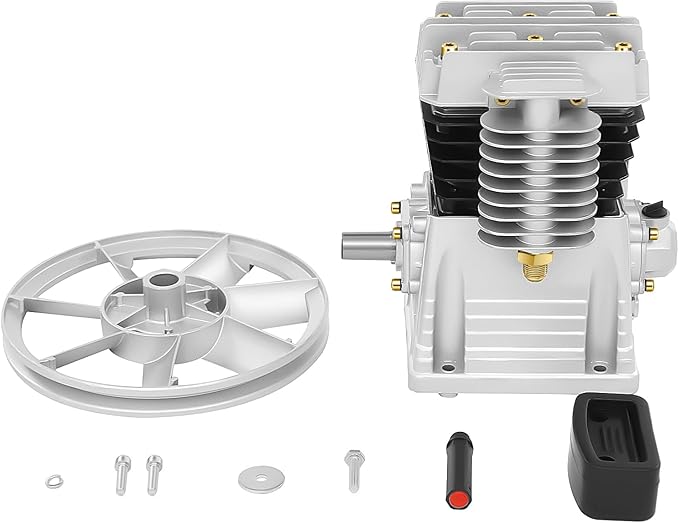 Air Compressor Pump Head, 2HP Air Compressor Pump-Head, 1500W Portable 52.83Gal/Min 10.24in Pulley Outer Diameter Aluminum Painting Twin Cylinder W/oil drain plug, Air Filter Muffler