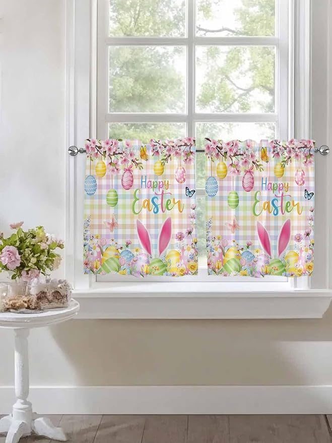 Happy Easter Half Window Curtains 24 Inches Long, Spring Bunny Colorful Eggs Flower Plaid Window Treatment Curtain Drapes, Short Curtains Tiers for Kitchen Over Sink, 27.5"x24", 2 Panels