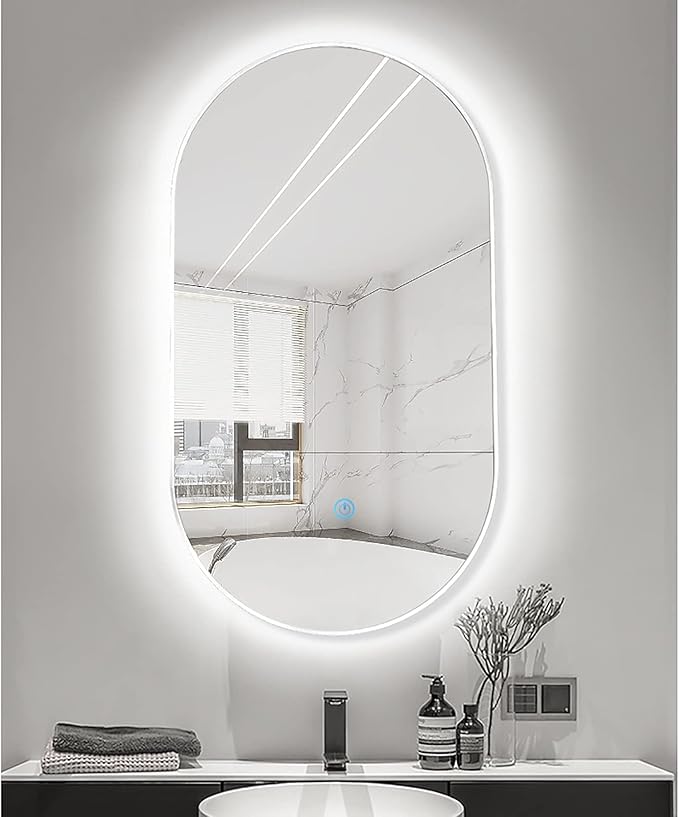 Oval LED Illuminated Bathroom Mirror, Wall-mounted Vanity Makeup Mirror with Demister Pad, 3 Dimmable Color Temperatures & Touch Control, Metal Frame Anti-Fog Lighted Wall Mirror ( Color : White Frame
