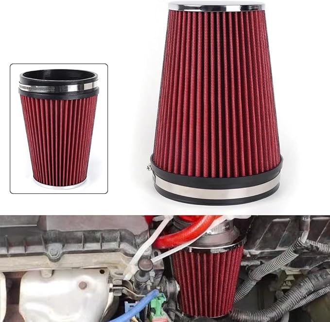 MUGE RACING 6" 152 mm High Flow Inlet Air Filter, Air Intake Cone Filter Replacement Performance Washable Clamp-On Dry, 8'' Tall(Red)