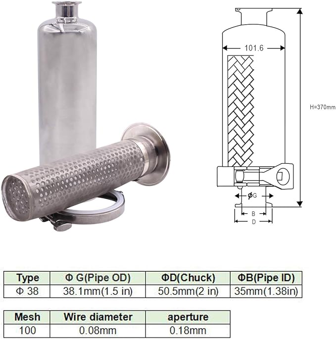 DERNORD 1.5 Inch Tri-Clamp Filter - SS304 Sanitary Fittings Inline Straight Strainer with 100 Mesh Stainless Steel Screen