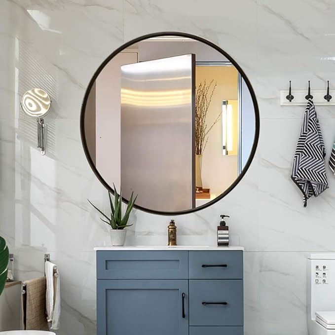 Round LED Bathroom Mirror Demister Pad IP44 Vanity Large Mirror Cold Light Dressing Wall Mirror (Color : Cold Light Size : 60cm) (Black 80cm)