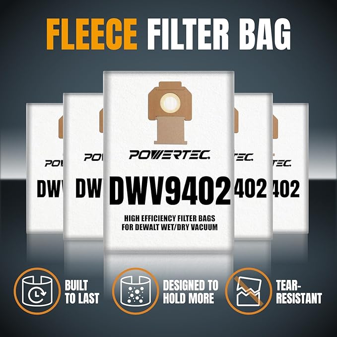 POWERTEC DWV9402 Fleece Bags for Dewalt 5PK, for Dewalt DWV010, DWV012, DWV015 8 & 10 Gallon Dust Extractor, Replacement Shop Vacuum Bags (75029)