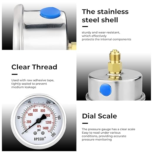 0-200 Psi Glycerin Liquid Filled Low Pressure Gauge, 2.5" Dial Size, 1/4" G Back Mount, 304 Stainless Steel Case, for Water Pipe, HVAC, Water Oil Air Pressure Test