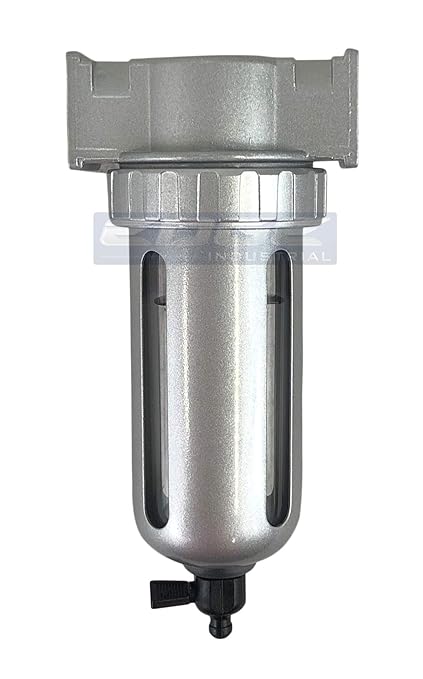 MID FLOW PARTICULATE FILTER/WATER TRAP FOR AIR COMPRESSOR COMPRESSED AIR LINES, 5u WITH POLY BOWL AND METAL BOWL GUARD (3/8" NPT)