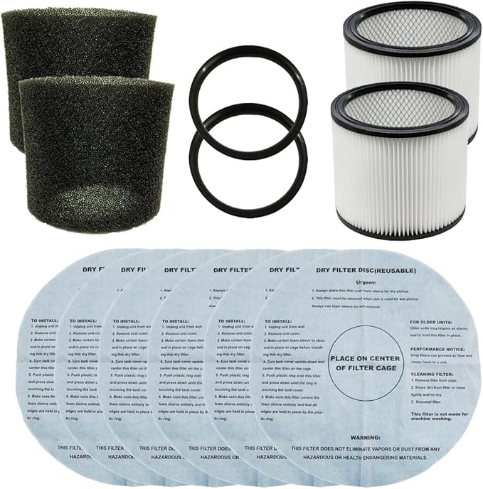Vacuum Filter Sleeve for Shop Vac including 6 Dry Filters, 2 Foam Sleeves, 2 Canister Filters and 2 Mounting Bands - Compatible with Shop Vac, Craftsman and Other Similar Wet Dry Vacs