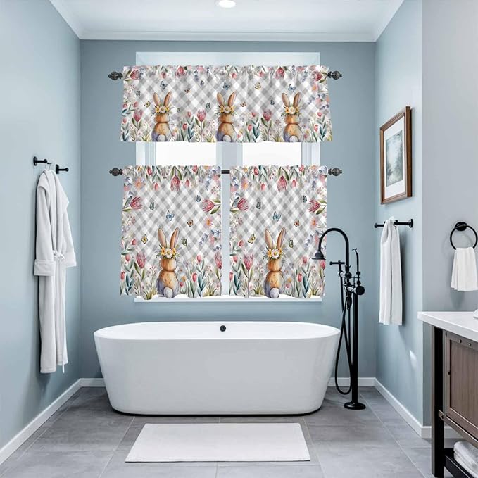 Kitchen Curtains Tiers and Valance Set of 3, Easter Light Filtering Window Curtain Set, Spring Rabbit Butterfly Botanical Florals Grey Plaid Rod Pocket Curtain Drapes for Living Room, 36 Inches Tiers