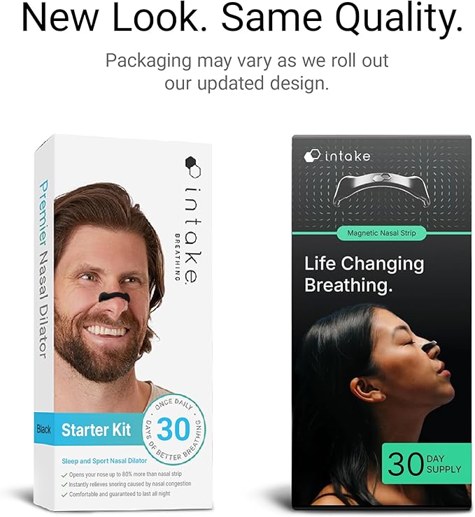 Intake Breathing Magnetic Nasal Strips Starter Kit (30 Count, Black) - Boost Oxygen Intake, Reduce Snoring, Improve Sleep Quality - Sweat Resistant, Nasal Strips - Extra Strength Snoring Solution