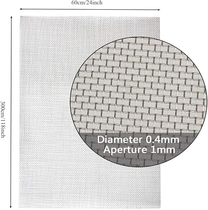 KISKIS 304 Stainless Steel Woven Wire Mesh, Wire Mesh Window Screen Mesh, Prevent Mouse Mice Snakes Hornets Rodents Entering,Easy to Cut and Install,60X300CM24X118INCH