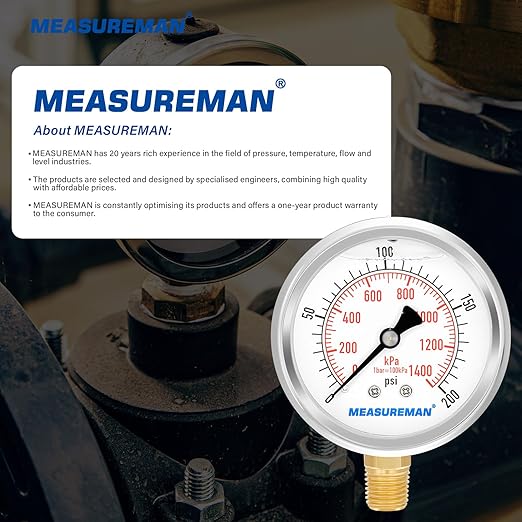 MEASUREMAN 2-1/2inch Dial Size, Liquid Filled Pressure Gauge, 0-200psi/kpa, 304 Stainless Steel Case, 1/4 inchNPT Lower Mount