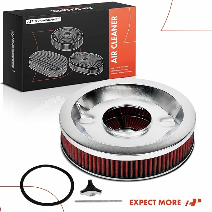 A-Premium 14"x3" Round Universal Air Cleaner Filter Assembly - Compatible with Chevrolet Chevy GMC Ford Models- Fit For 5-1/8" carburetor neck, Chrome Red