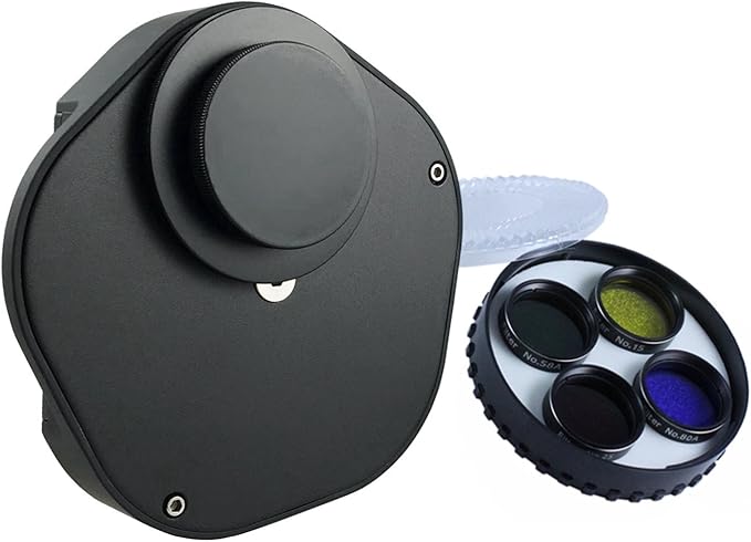 Astromania 1.25" Multiple 5-Position Filter Wheel for Telescope - with 1.25-Inch Four Color Filters(#15 Deep Yellow, #25 Red, #58A Green and #80A Medium Blue)
