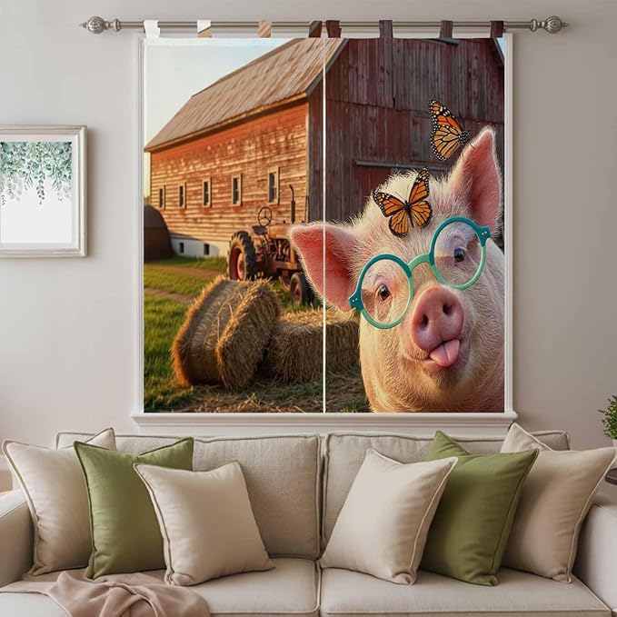 Farm Pig Bathroom Curtains 63 Inch Length, Window Curtains Tab Top, Farmhouse Barn Funny Animals Butterfly Light Filtering Window Treatments Drapes 52"x63" 2 Panel